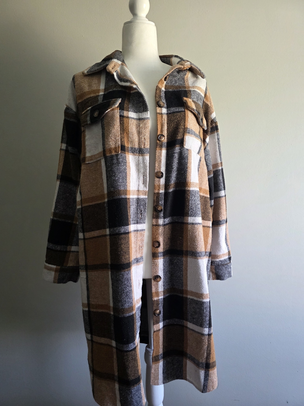 Plaid Longline Shacket Coat - Camel/Black/White